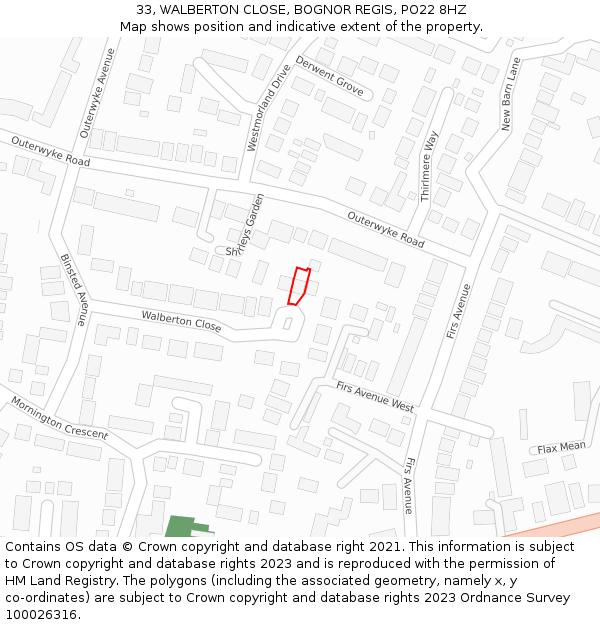 33, WALBERTON CLOSE, BOGNOR REGIS, PO22 8HZ: Location map and indicative extent of plot