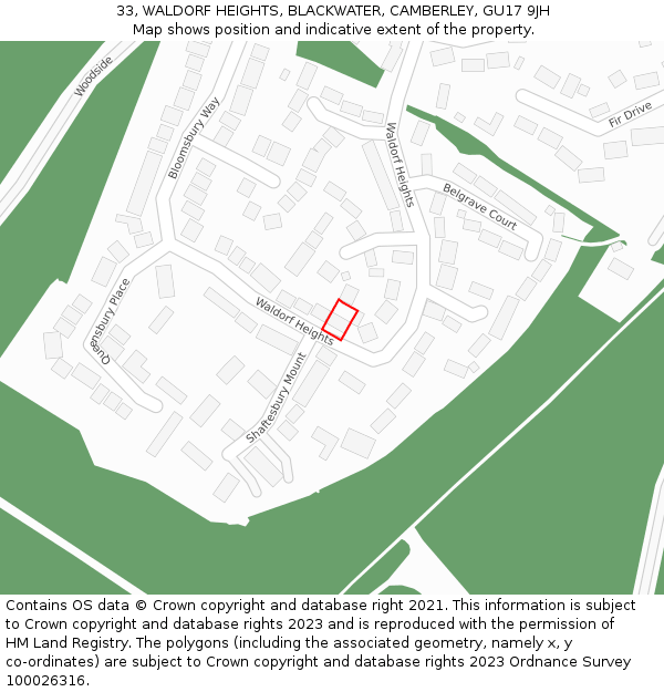 33, WALDORF HEIGHTS, BLACKWATER, CAMBERLEY, GU17 9JH: Location map and indicative extent of plot