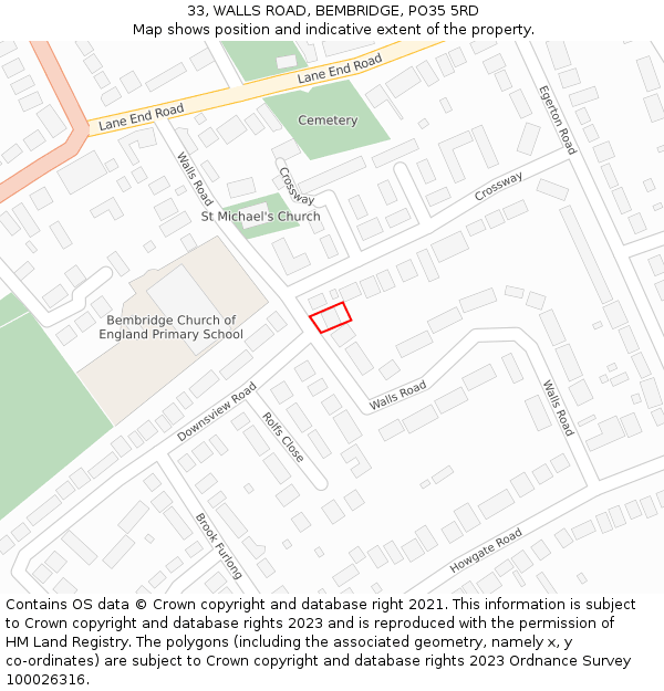 33, WALLS ROAD, BEMBRIDGE, PO35 5RD: Location map and indicative extent of plot