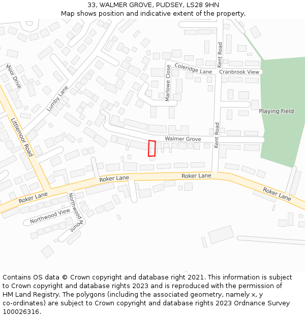 33, WALMER GROVE, PUDSEY, LS28 9HN: Location map and indicative extent of plot