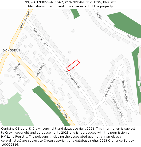 33, WANDERDOWN ROAD, OVINGDEAN, BRIGHTON, BN2 7BT: Location map and indicative extent of plot