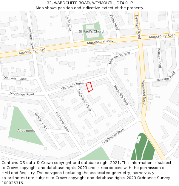 33, WARDCLIFFE ROAD, WEYMOUTH, DT4 0HP: Location map and indicative extent of plot