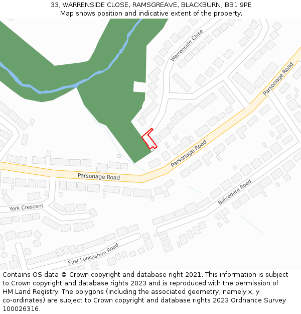 33, WARRENSIDE CLOSE, RAMSGREAVE, BLACKBURN, BB1 9PE: Location map and indicative extent of plot