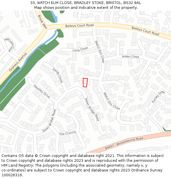 33, WATCH ELM CLOSE, BRADLEY STOKE, BRISTOL, BS32 8AL: Location map and indicative extent of plot