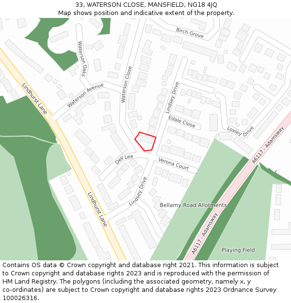 33, WATERSON CLOSE, MANSFIELD, NG18 4JQ: Location map and indicative extent of plot
