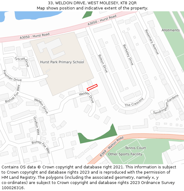 33, WELDON DRIVE, WEST MOLESEY, KT8 2QR: Location map and indicative extent of plot