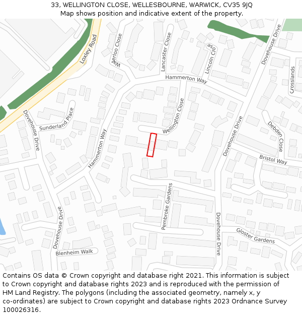 33, WELLINGTON CLOSE, WELLESBOURNE, WARWICK, CV35 9JQ: Location map and indicative extent of plot