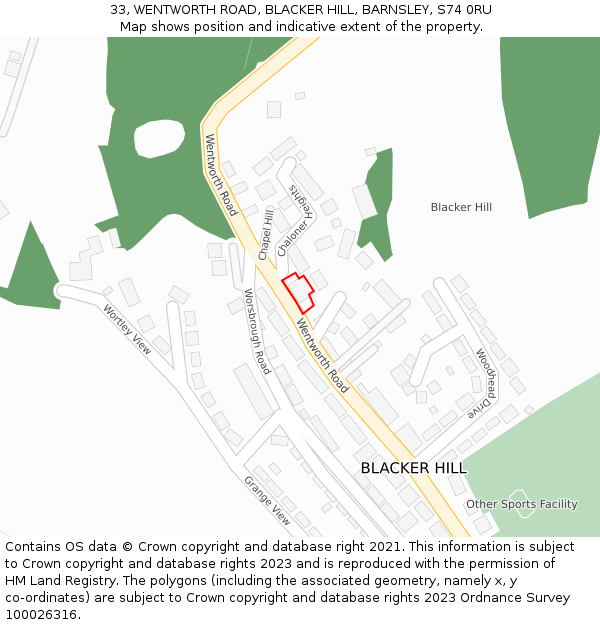 33, WENTWORTH ROAD, BLACKER HILL, BARNSLEY, S74 0RU: Location map and indicative extent of plot