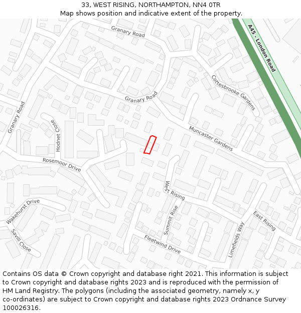 33, WEST RISING, NORTHAMPTON, NN4 0TR: Location map and indicative extent of plot