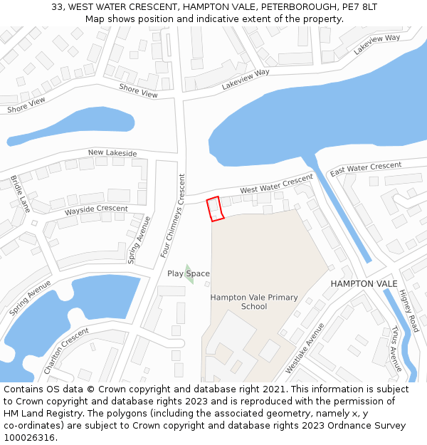 33, WEST WATER CRESCENT, HAMPTON VALE, PETERBOROUGH, PE7 8LT: Location map and indicative extent of plot