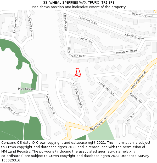 33, WHEAL SPERRIES WAY, TRURO, TR1 3FE: Location map and indicative extent of plot