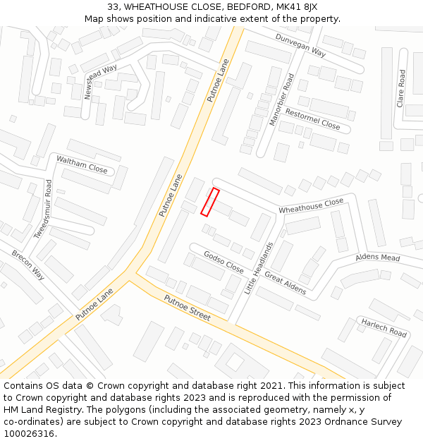 33, WHEATHOUSE CLOSE, BEDFORD, MK41 8JX: Location map and indicative extent of plot