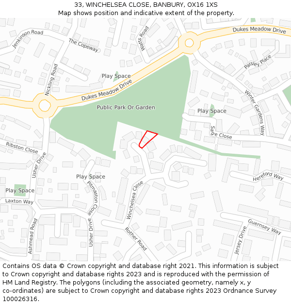 33, WINCHELSEA CLOSE, BANBURY, OX16 1XS: Location map and indicative extent of plot