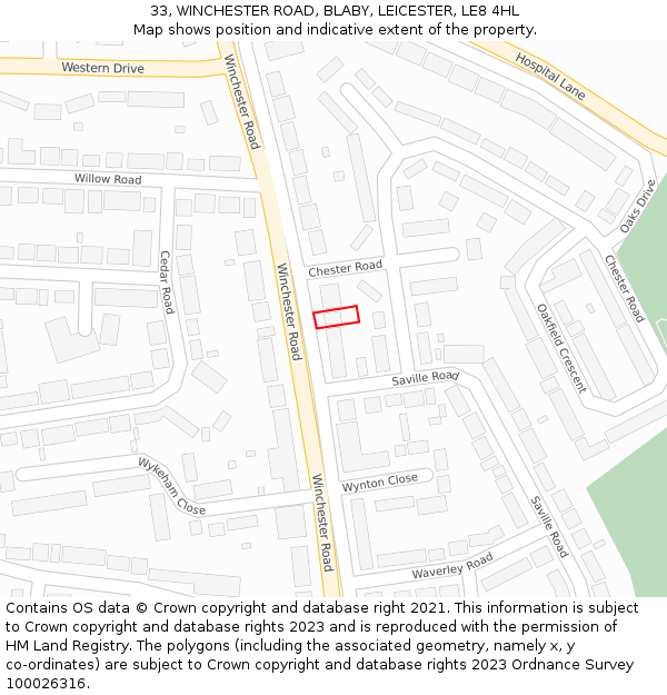 33, WINCHESTER ROAD, BLABY, LEICESTER, LE8 4HL: Location map and indicative extent of plot