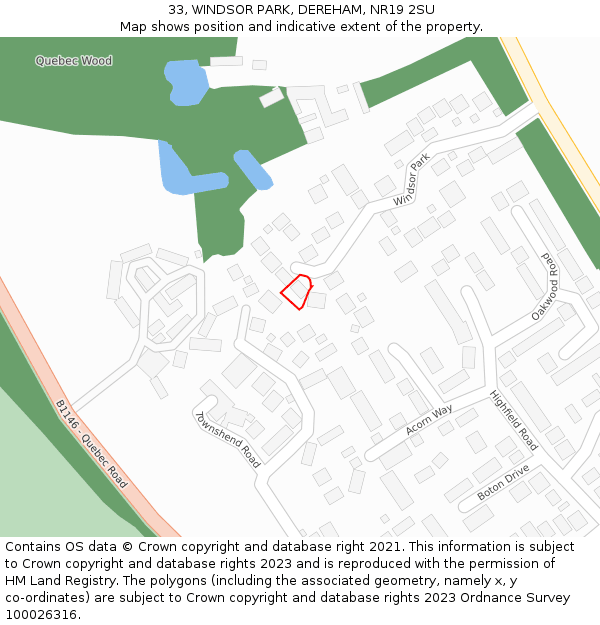 33, WINDSOR PARK, DEREHAM, NR19 2SU: Location map and indicative extent of plot