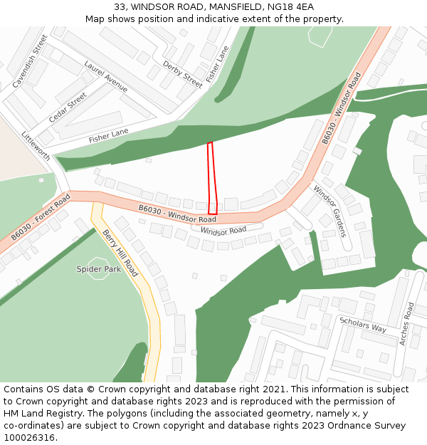 33, WINDSOR ROAD, MANSFIELD, NG18 4EA: Location map and indicative extent of plot
