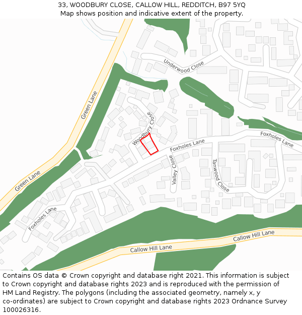 33, WOODBURY CLOSE, CALLOW HILL, REDDITCH, B97 5YQ: Location map and indicative extent of plot