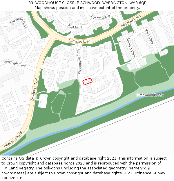 33, WOODHOUSE CLOSE, BIRCHWOOD, WARRINGTON, WA3 6QP: Location map and indicative extent of plot