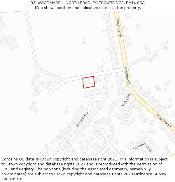 33, WOODMARSH, NORTH BRADLEY, TROWBRIDGE, BA14 0SA: Location map and indicative extent of plot