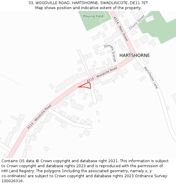 33, WOODVILLE ROAD, HARTSHORNE, SWADLINCOTE, DE11 7ET: Location map and indicative extent of plot