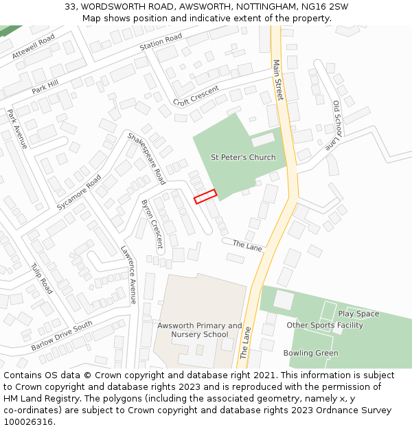 33, WORDSWORTH ROAD, AWSWORTH, NOTTINGHAM, NG16 2SW: Location map and indicative extent of plot