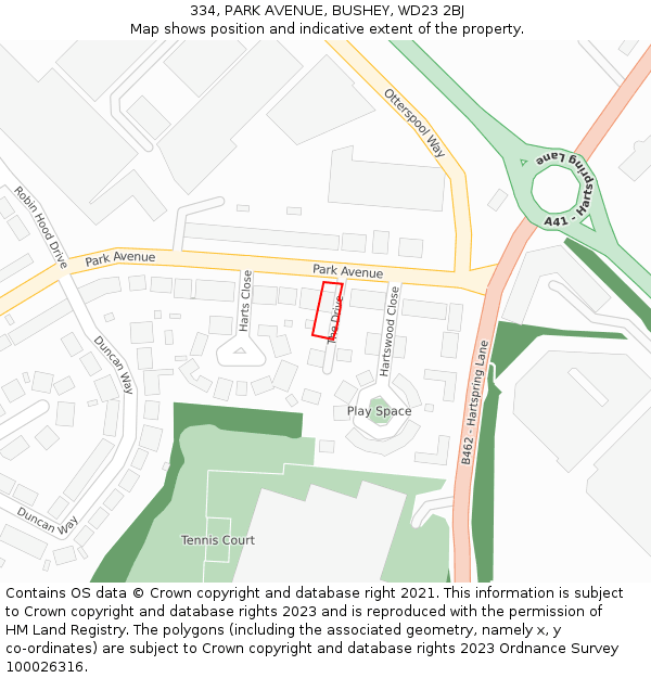 334, PARK AVENUE, BUSHEY, WD23 2BJ: Location map and indicative extent of plot