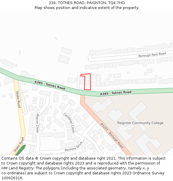 334, TOTNES ROAD, PAIGNTON, TQ4 7HD: Location map and indicative extent of plot