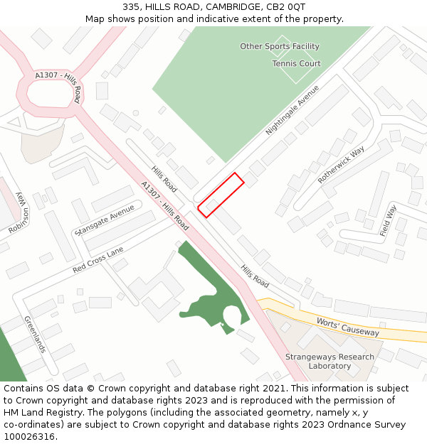 335, HILLS ROAD, CAMBRIDGE, CB2 0QT: Location map and indicative extent of plot