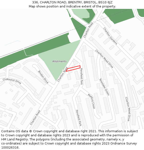 336, CHARLTON ROAD, BRENTRY, BRISTOL, BS10 6JZ: Location map and indicative extent of plot
