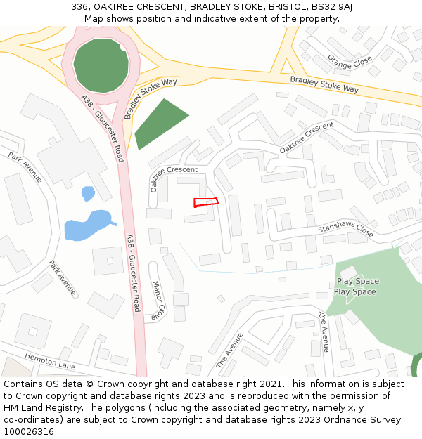 336, OAKTREE CRESCENT, BRADLEY STOKE, BRISTOL, BS32 9AJ: Location map and indicative extent of plot