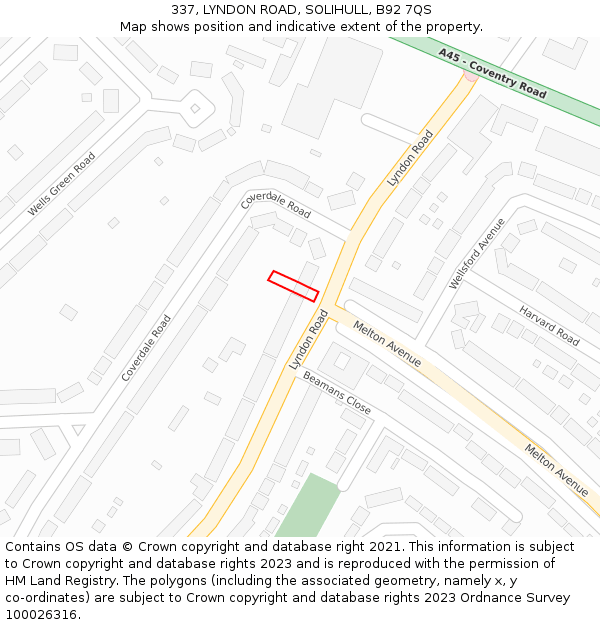 337, LYNDON ROAD, SOLIHULL, B92 7QS: Location map and indicative extent of plot