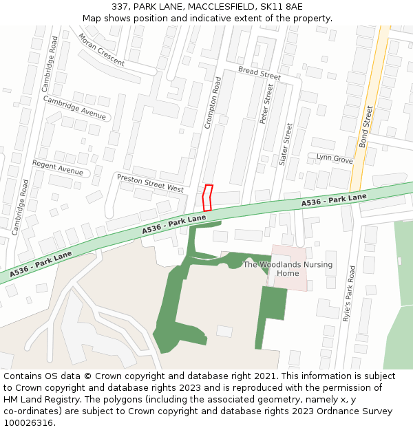 337, PARK LANE, MACCLESFIELD, SK11 8AE: Location map and indicative extent of plot