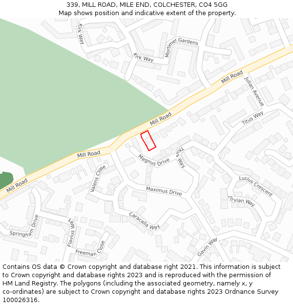 339, MILL ROAD, MILE END, COLCHESTER, CO4 5GG: Location map and indicative extent of plot