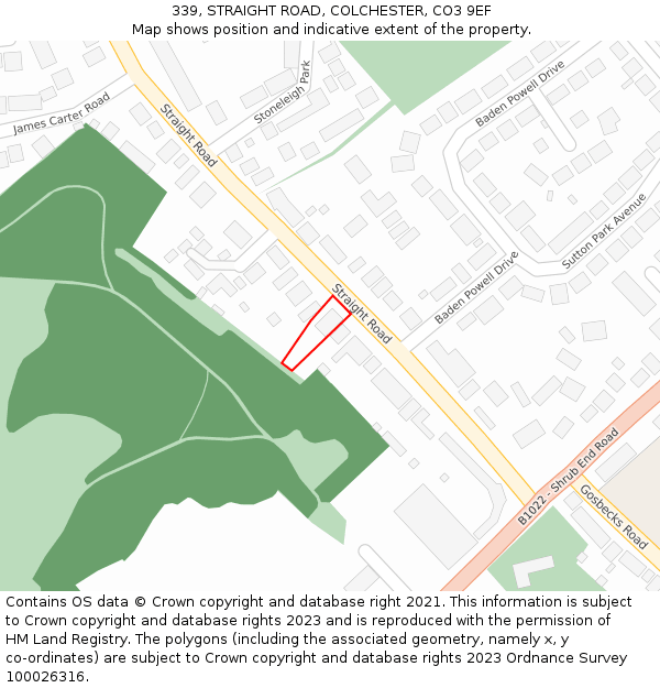 339, STRAIGHT ROAD, COLCHESTER, CO3 9EF: Location map and indicative extent of plot