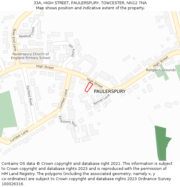 33A, HIGH STREET, PAULERSPURY, TOWCESTER, NN12 7NA: Location map and indicative extent of plot