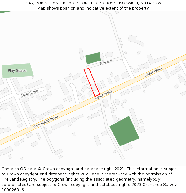 33A, PORINGLAND ROAD, STOKE HOLY CROSS, NORWICH, NR14 8NW: Location map and indicative extent of plot