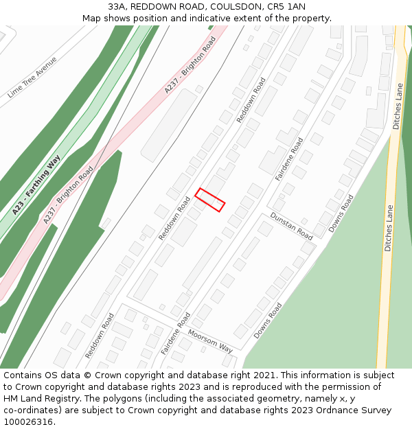 33A, REDDOWN ROAD, COULSDON, CR5 1AN: Location map and indicative extent of plot