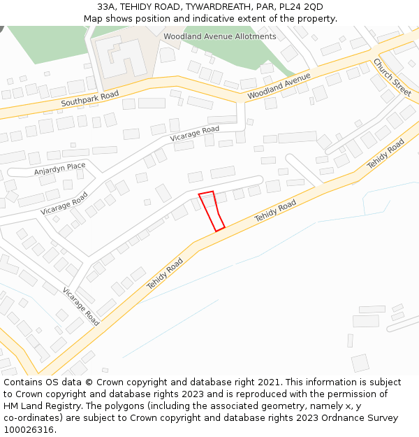 33A, TEHIDY ROAD, TYWARDREATH, PAR, PL24 2QD: Location map and indicative extent of plot