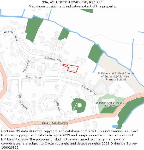 33A, WELLINGTON ROAD, EYE, IP23 7BE: Location map and indicative extent of plot
