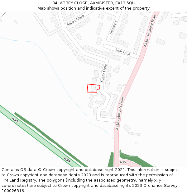 34, ABBEY CLOSE, AXMINSTER, EX13 5QU: Location map and indicative extent of plot