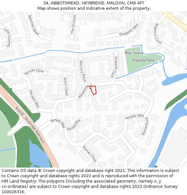 34, ABBOTSMEAD, HEYBRIDGE, MALDON, CM9 4PT: Location map and indicative extent of plot