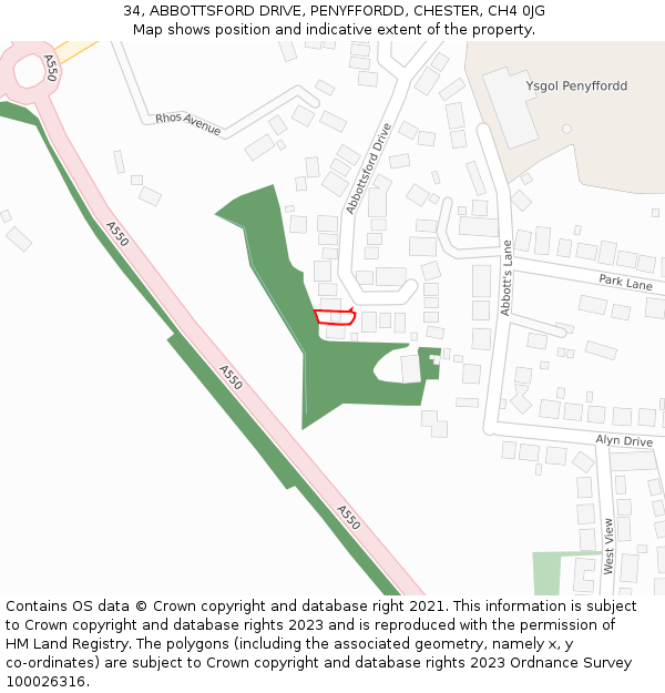 34, ABBOTTSFORD DRIVE, PENYFFORDD, CHESTER, CH4 0JG: Location map and indicative extent of plot