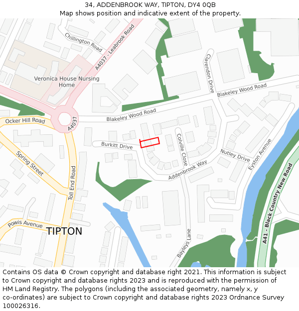34, ADDENBROOK WAY, TIPTON, DY4 0QB: Location map and indicative extent of plot