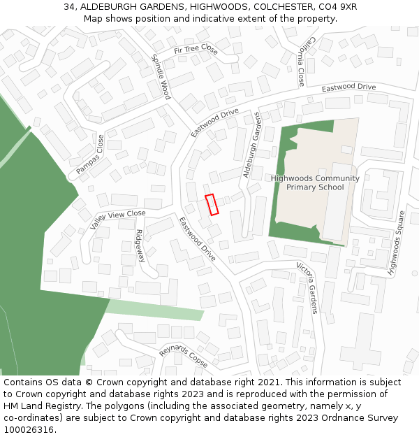 34, ALDEBURGH GARDENS, HIGHWOODS, COLCHESTER, CO4 9XR: Location map and indicative extent of plot