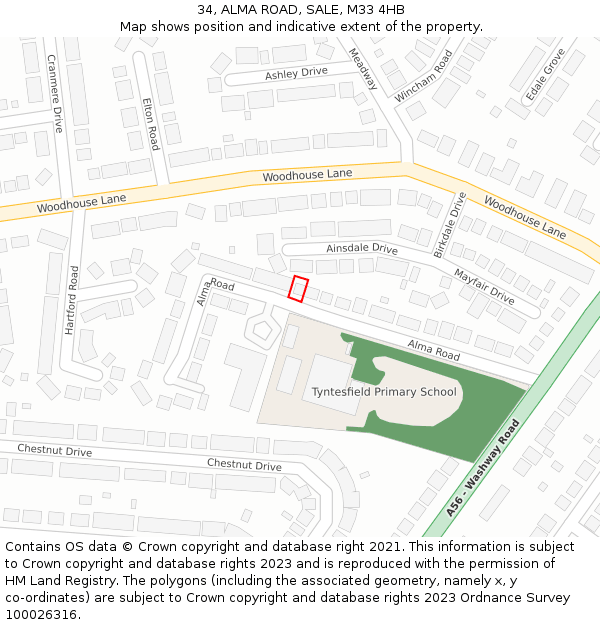 34, ALMA ROAD, SALE, M33 4HB: Location map and indicative extent of plot