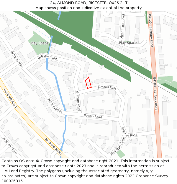 34, ALMOND ROAD, BICESTER, OX26 2HT: Location map and indicative extent of plot