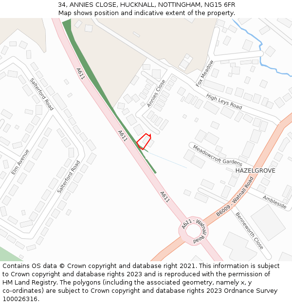 34, ANNIES CLOSE, HUCKNALL, NOTTINGHAM, NG15 6FR: Location map and indicative extent of plot