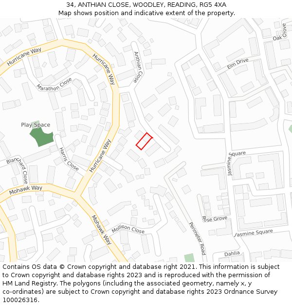 34, ANTHIAN CLOSE, WOODLEY, READING, RG5 4XA: Location map and indicative extent of plot