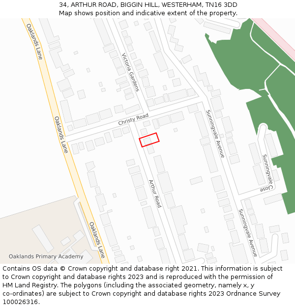 34, ARTHUR ROAD, BIGGIN HILL, WESTERHAM, TN16 3DD: Location map and indicative extent of plot