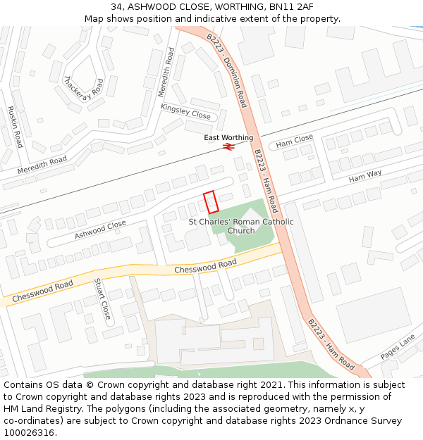 34, ASHWOOD CLOSE, WORTHING, BN11 2AF: Location map and indicative extent of plot